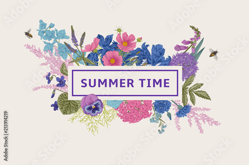Summer time. Vector vintage illustration. Pink, violet, blue, purple garden flowers