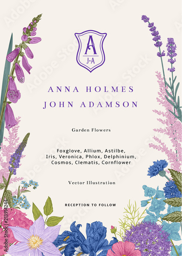 Wedding invitation. Vector vintage illustration. Pink, violet, blue, purple garden flowers