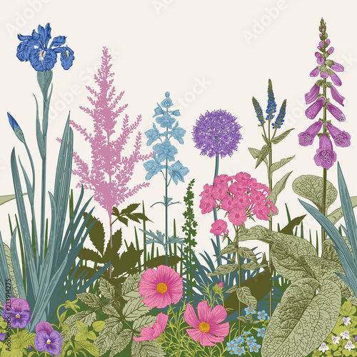 Seamless border. Vector vintage illustration. Pink, violet, blue, purple garden flowers