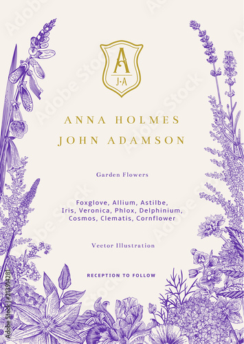 Wedding invitation. Vector vintage illustration. Garden flowers. Ultraviolet