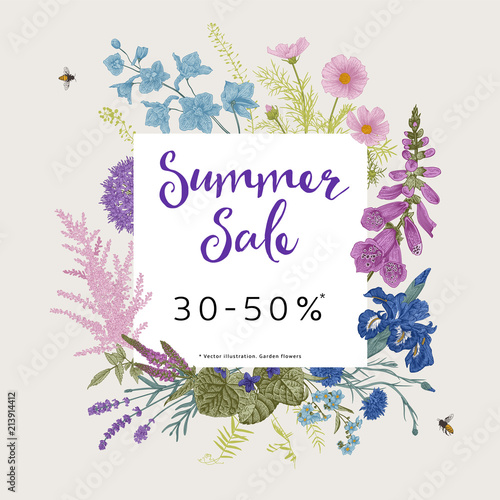 Summer sale. Vector floral vintage illustration. Pink, violet, blue, purple garden flowers