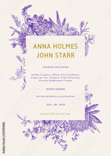 Wedding invitation. Vector vintage illustration. Ultraviolet. Garden flowers
