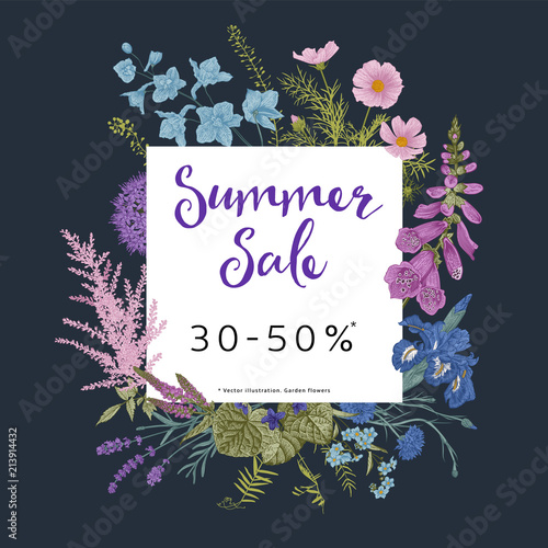 Summer sale. Twilight garden. Vector floral vintage illustration. Pink, violet, blue, purple flowers