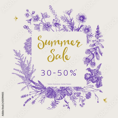Summer sale. Vector floral vintage illustration. Ultraviolet. Garden flowers