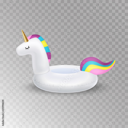 Unicorn inflatable swimming pool ring, tube, float. Vector realistic 3d unicorn icon.