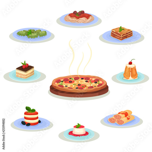 Flat vector set of traditional Italian food. Tasty dishes and sweet desserts. Culinary theme. Elements for recipe book or menu