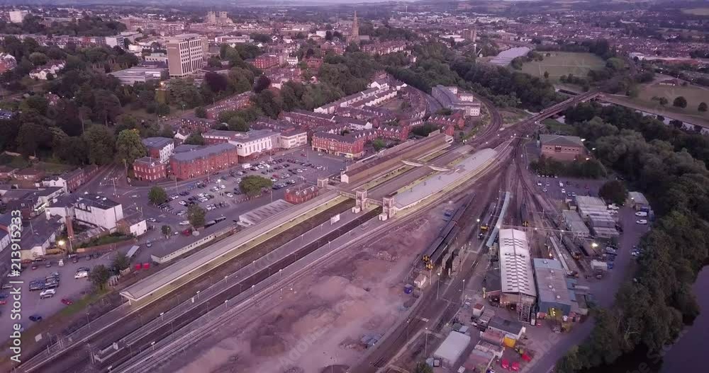 Aerial shot flying over St. David's train station in Exeter Aerial shot flying over St. David's train station in Exeter