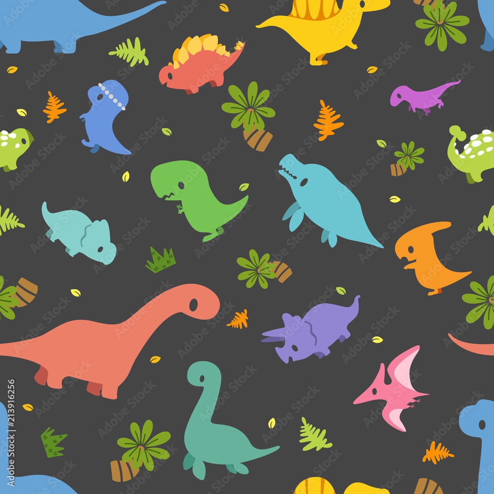 Dinosaur vector seamless pattern, Different type of cute cartoon dinosaurs  on black background. It can be print and used as wallpaper, packaging,  wrapping paper, fabric and etc. Cartoon doodle style. Stock Vector |