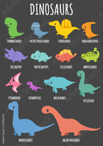 Photo Set of colorful cute dinosaurs character with lettering