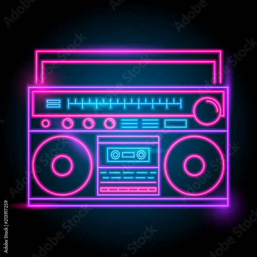 radio neon logo. glow in the dark. electric theme season. party night club. vector eps10.