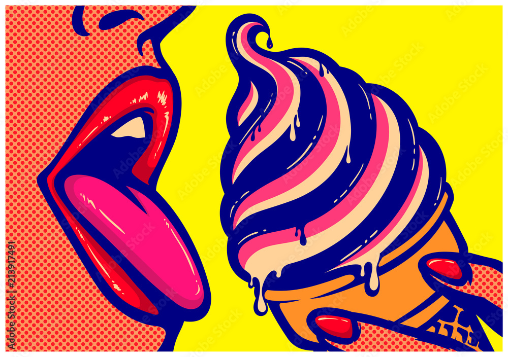 Wystrzał sztuki komiczek stylu seksowny otwarty usta kobiety łasowania lody rożek z jęzorem out liże smakowitego wyśmienicie cukierki taktuje wektorową ilustrację <span>plik: #213917491 | autor: durantelallera</span>