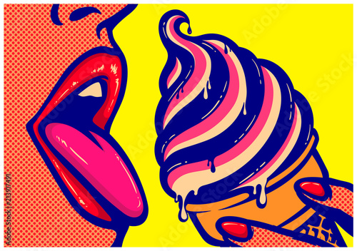 Pop art comics style sexy open mouth of woman eating ice cream cone with tongue out licking tasty delicious sweet treats vector illustration