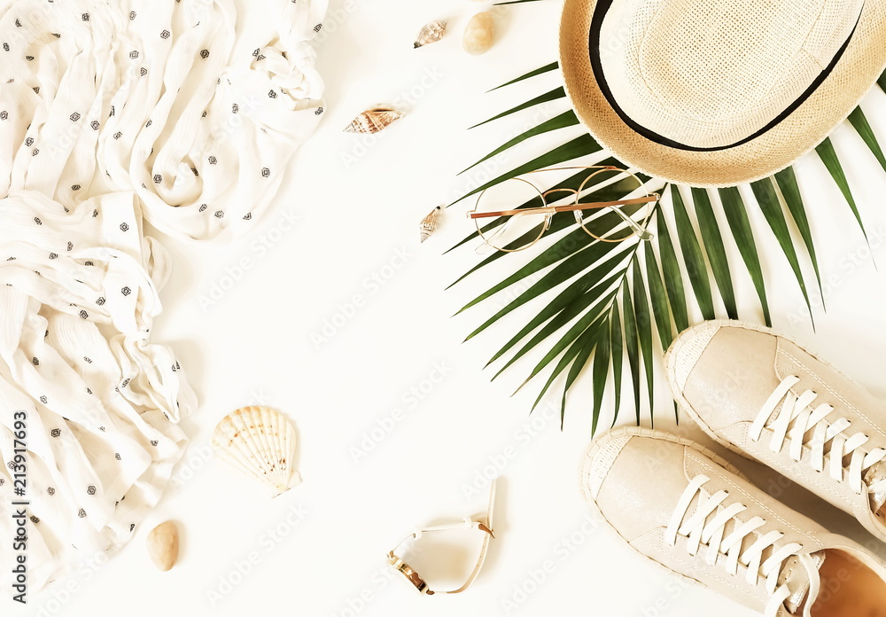 Fashion background. Woman summer clothes and accessory travel collage on  white background. Straw hat, sneakers espadrill, sunglasses , bag, blouse  and palm leaf. Top view, flat lay. Stock Photo | Adobe Stock