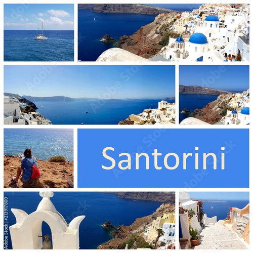 A collage of beautiful summer photos in Santorini island, Greece.