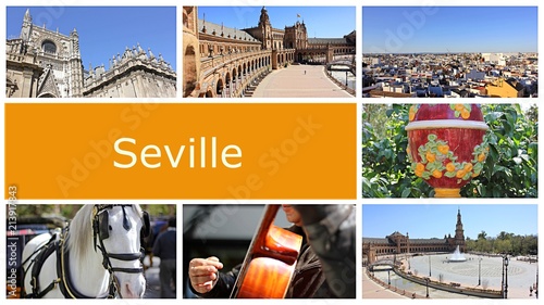 Collage of beautiful photos in and around the city of Seville, Spain.