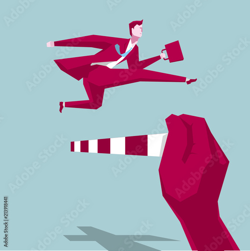 Businessman hurdles running, business concept design, background is blue.	