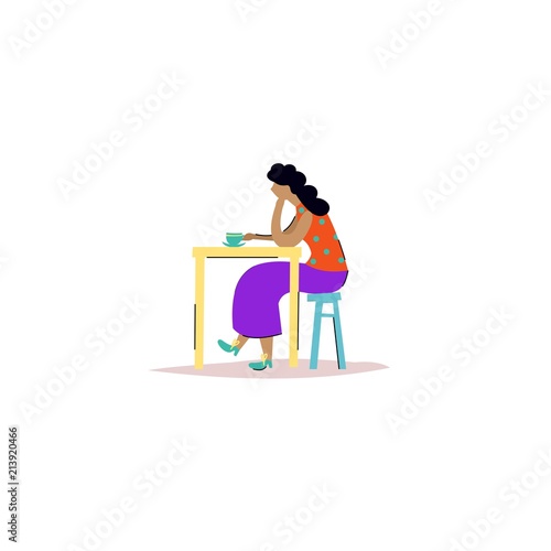 Cute vector illustration with a girl at the table. Cartoon character-a girl in a cafe. A simple sketch. © Daria