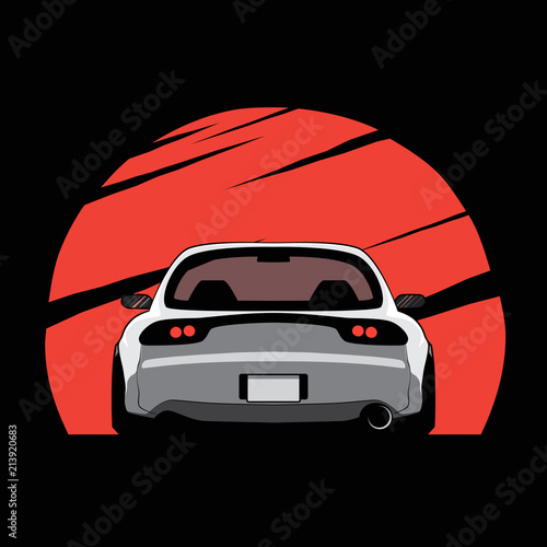 Cartoon japan tuned car on red sun background. Back view. Vector illustration