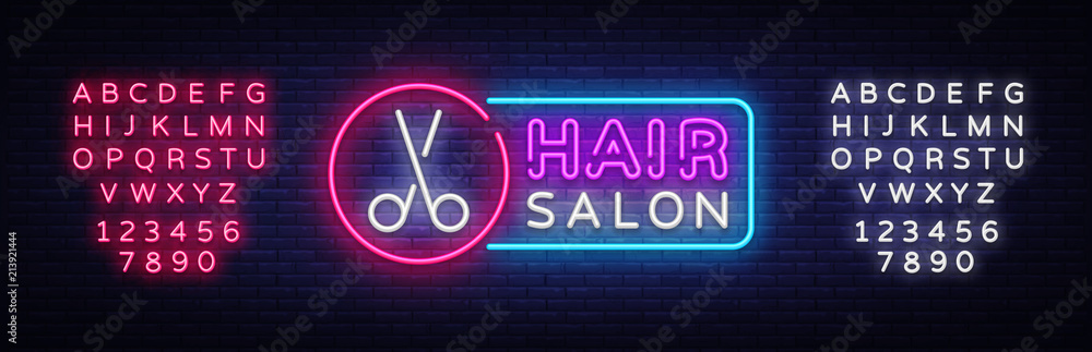 Hair Salon neon sign vector. Hairdress Design template neon sign, light banner, neon signboard, nightly bright advertising, light inscription. Vector illustration. Editing text neon sign Hair Salon neon sign vector. Hairdress Design template neon sign, light banner, neon signboard, nightly bright advertising, light inscription. Vector illustration. Editing text neon sign