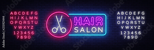 Hair Salon neon sign vector. Hairdress Design template neon sign, light banner, neon signboard, nightly bright advertising, light inscription. Vector illustration. Editing text neon sign