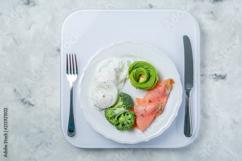 Ketogenic food concept - plate with keto food on weights