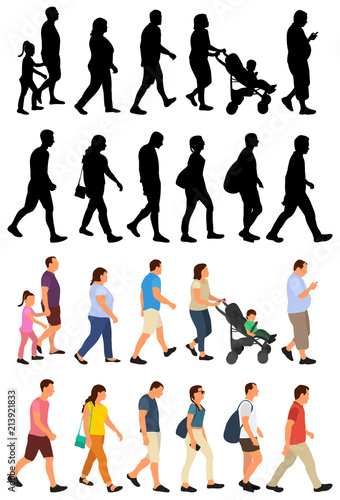 isolated, set, crowd of people, people go, flat style