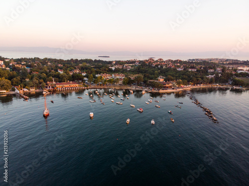 Aerial Drone View of Istanbul Tuzla Seaside with Boats Golden Hour / Blue Hour