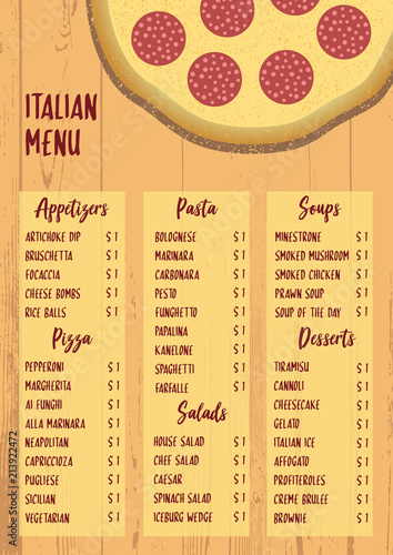 Colorful vector illustration, Italian menu on textured wood background. Italian food: pasta, desserts. For restaurant brochure, cafe flyer, delivery pizzeria food. Template with realistic pizza.