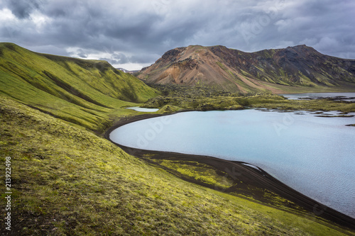 Frostastadavatn Lake during a cloudy day in Landmannalaugar (Rainbow Mountains), Iceland photo