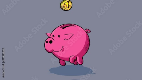 Cartoon piggy bank. Alpha channel, loop. Good for any business project. Walkink piggy bank gets many coins. photo