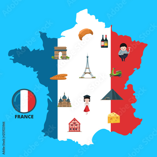 Vector cartoon France sights on France map illustration