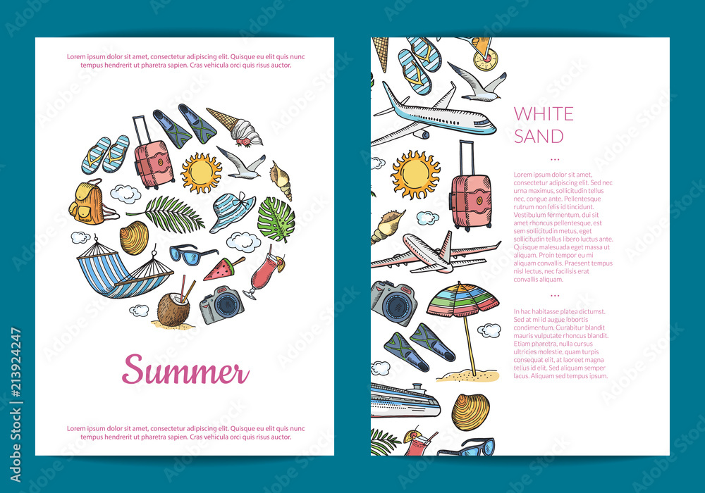 Vector hand drawn summer travel elements card, flyer or brochure template illustration