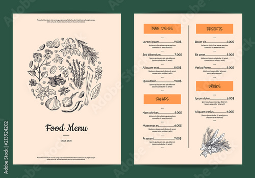 Vector restaurant or cafe menu with hand drawn herbs and spices