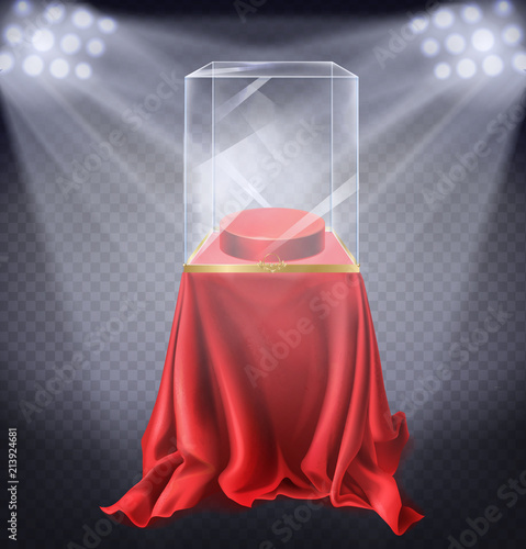 Vector realistic illustration of museum exhibit, empty glass showcase illuminated by spotlights on transparent background. Podium covered with red velvet cloth to display showpieces