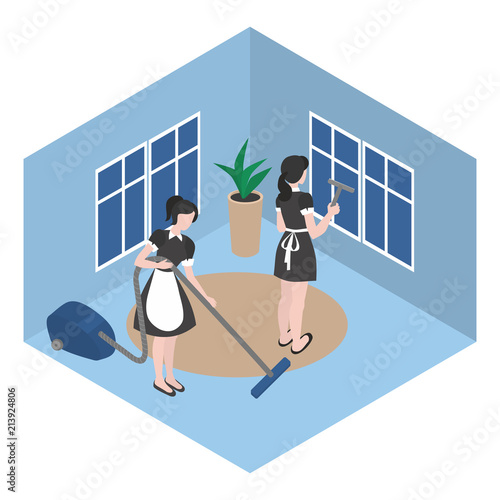 Cleanup in the hotel room. Isometric maid in uniform. Cleaning company staff works in office. Housework and household