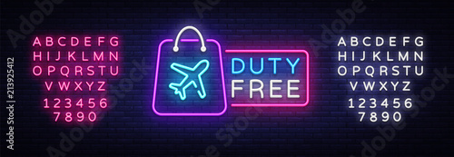 Duty Free neon sign vector. Duty Free design template neon sign, light banner, neon signboard, nightly bright advertising, light inscription. Vector illustration. Editing text neon sign