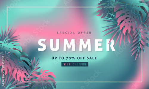Summer sale background layout banners decorate with paper art tropical leaf vibrant bold gradient holographic .voucher discount.Vector illustration template.