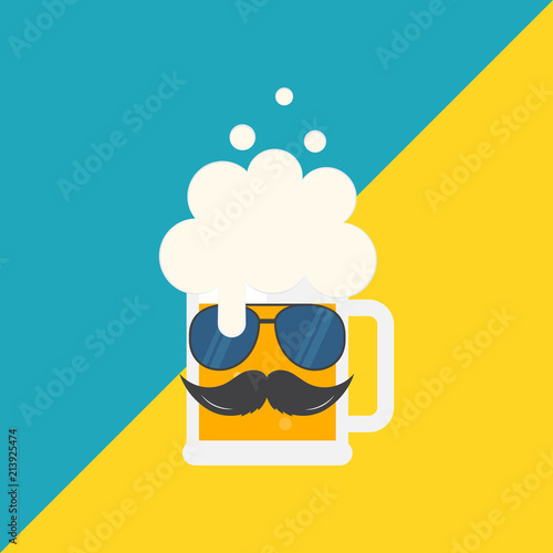 Beer mug with sunglasses and a mustache. Oktoberfest beer festival hipster poster design. Symbol Template Logo. Vector illustration flat design. Isolated.