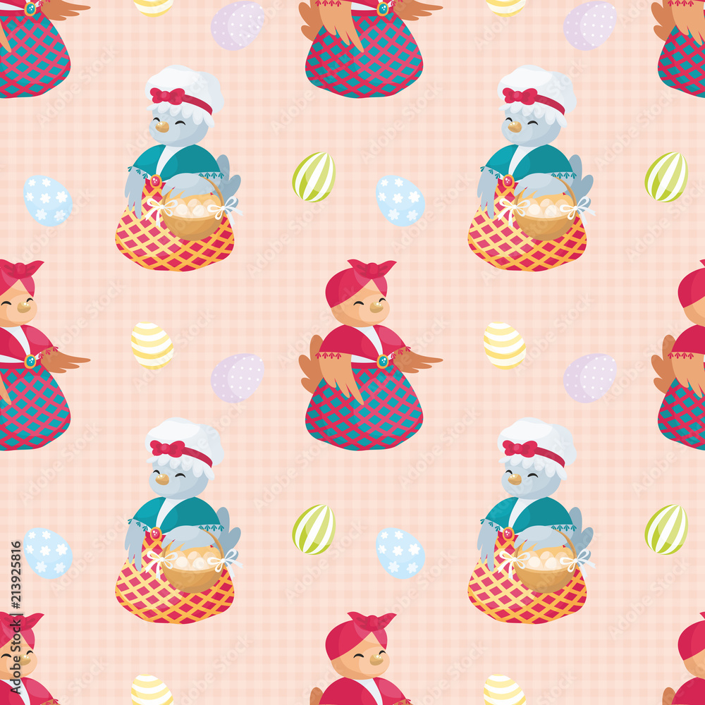 Easter seamless pattern with the image of cute hen. Vector background.