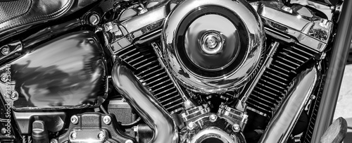 panorama of a shiny motorcycle engine photo