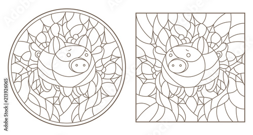 Set of contour illustrations of stained glass Windows for the New year, piggy Bank on the background of ribbons and branches Holly, round and square image