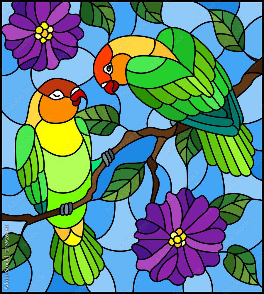 Illustration in stained glass style with pair of birds parrots lovebirds on branch tree with purple flowers against the sky Illustration in stained glass style with pair of birds parrots lovebirds on branch tree with purple flowers against the sky