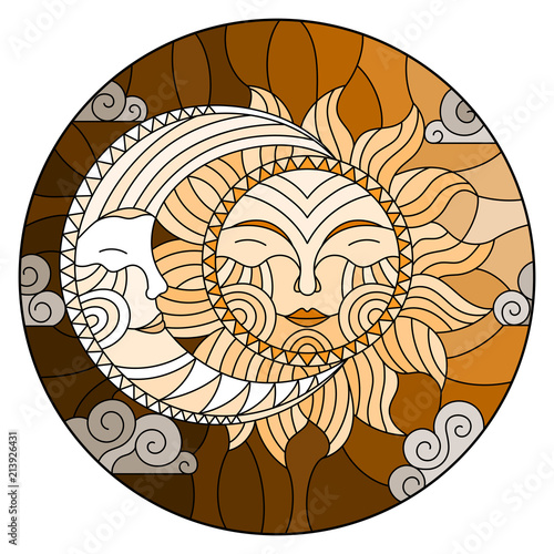 Illustration in stained glass style , abstract sun and moon in the sky,round image,tone brown