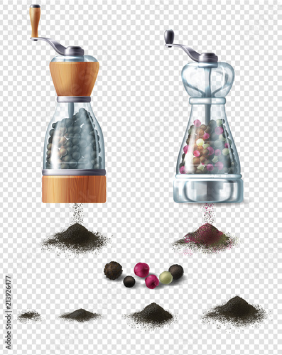 Vector set of spice mills with handles and handfuls of ground black pepper, isolated on background. Glass containers filled with various peppercorns, equipment for grind and prepare spicy seasoning
