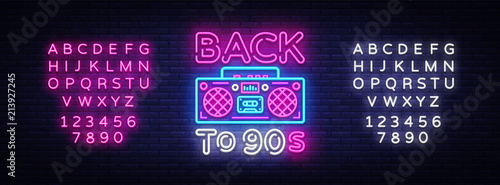 Back to 90s neon poster, card or invitation, design template. Retro tape reco...