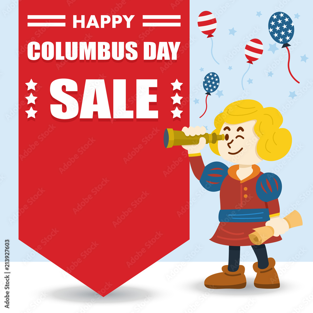 Columbus Day Sale Banner with cute cartoon of Christopher Columbus