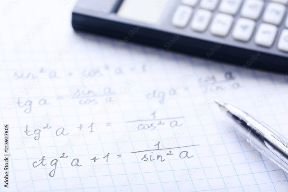Exercise book with maths formulas and calculator Exercise book with maths formulas and calculator