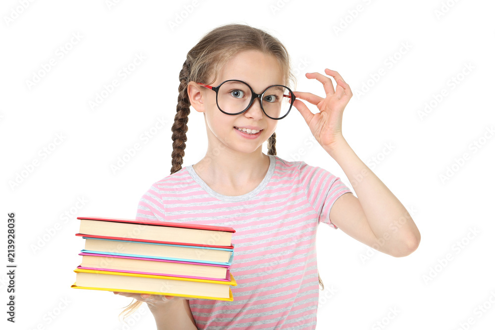 Young girl with books and glasses on white background