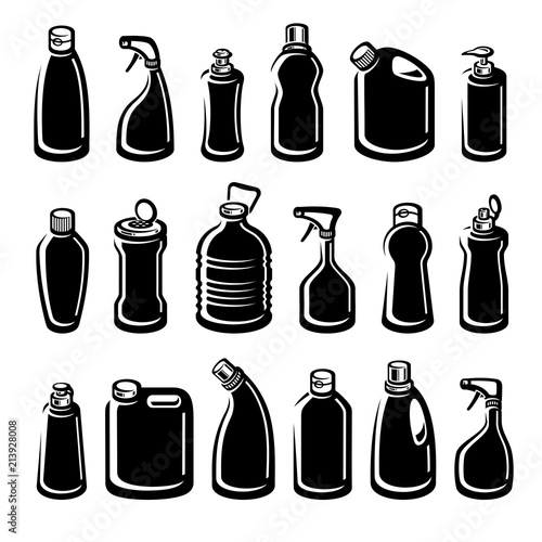 Bottles detergent set. Collection label and icons. Vector