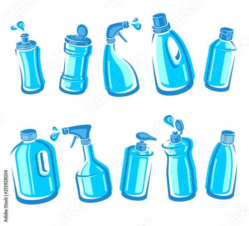 Bottles detergent set. Collection label and icons. Vector